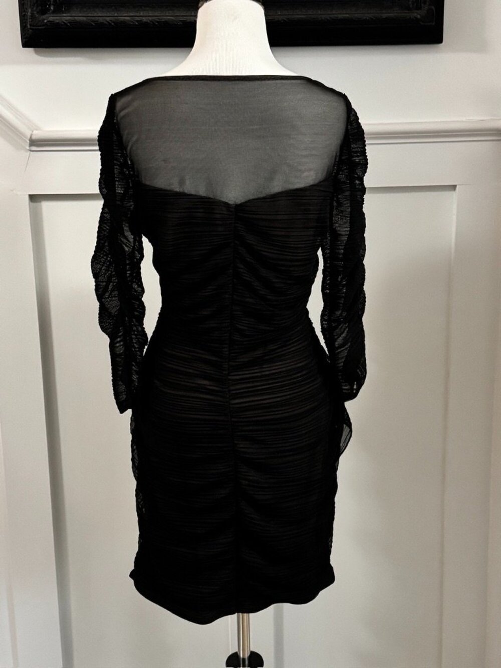 BCBGMAXAZRIA Danika Black Nude Mesh Ruched Dress, Size L, High Quality - Picture 3 of 10